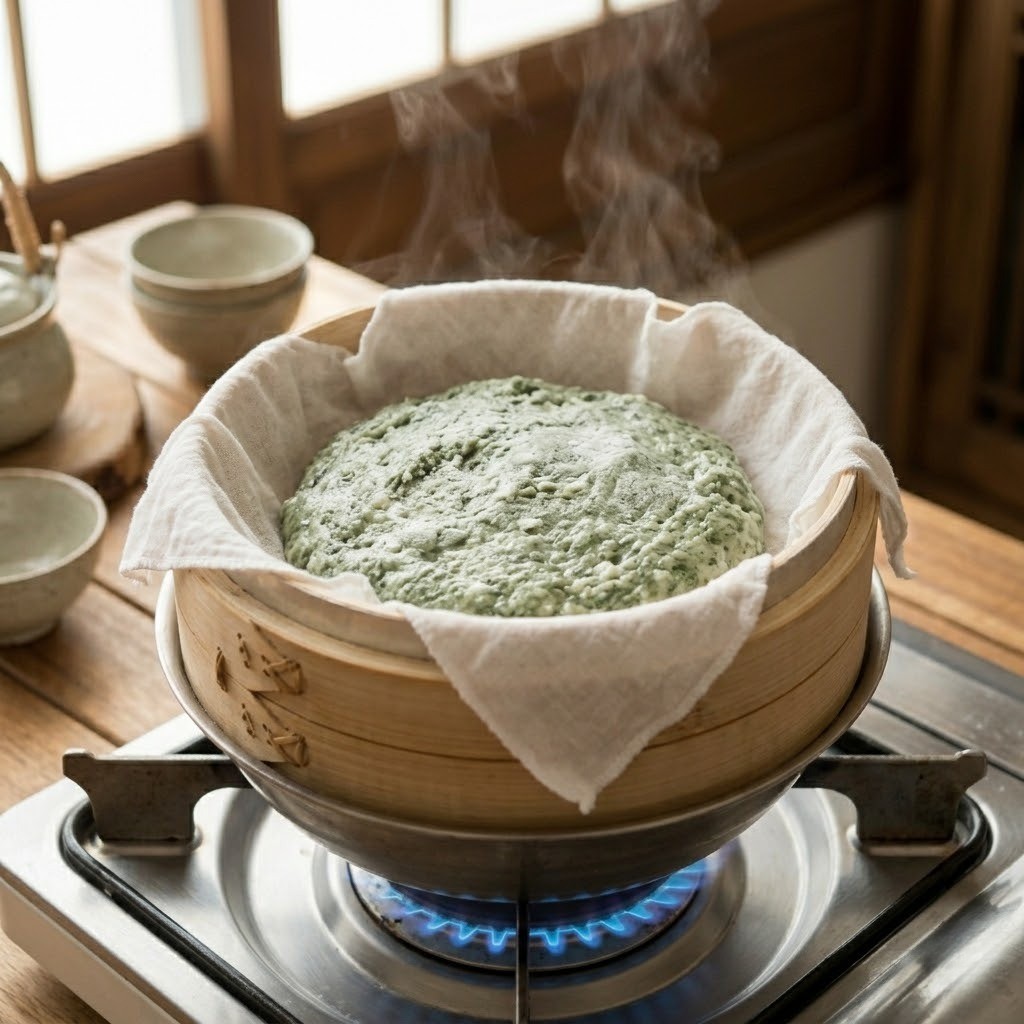 찜기에 면보를 깔고 쑥설기 반죽을 올려 찌고 있는 모습