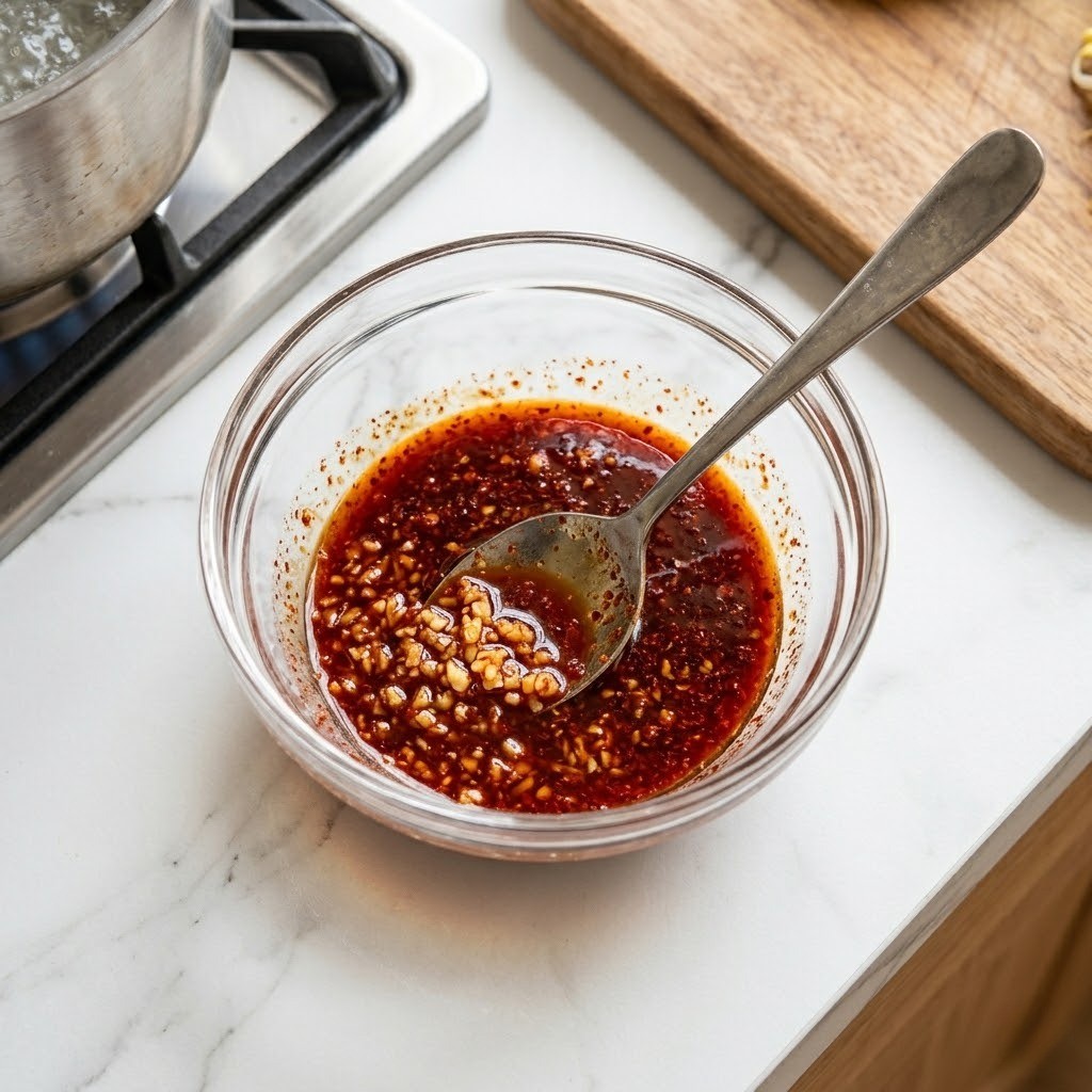 오윤아 콩나물 파절이 2단계: 다진 마늘, 진간장, 고춧가루, 식초 등을 섞어 매콤달콤한 비법 양념장 만드는 과정
