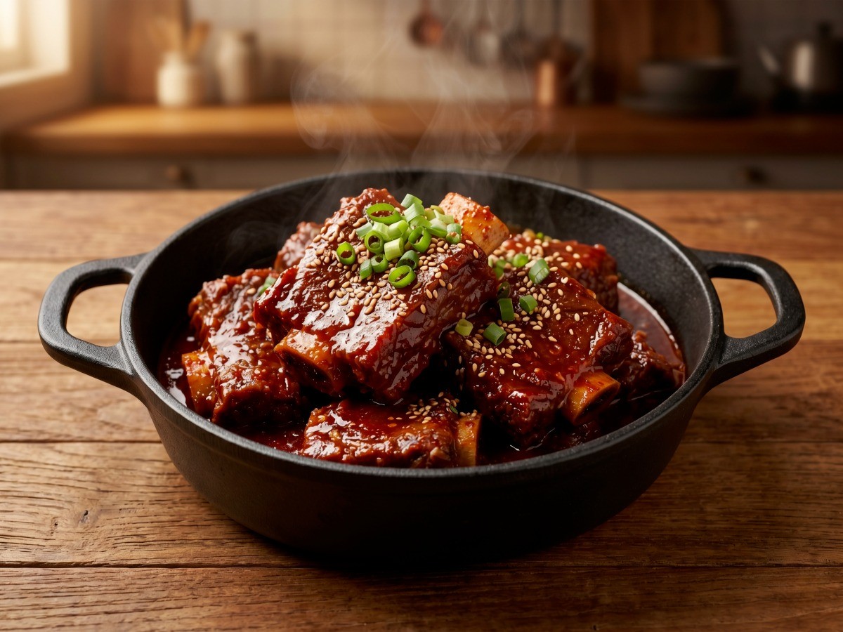 편스토랑 오윤아 매운 갈비찜 완성 모습 - 과일 연육 작용으로 부드러운 소갈비와 붉은 양념