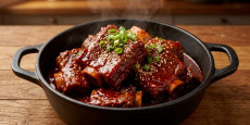 편스토랑 오윤아 매운 갈비찜 완성 모습 - 과일 연육 작용으로 부드러운 소갈비와 붉은 양념