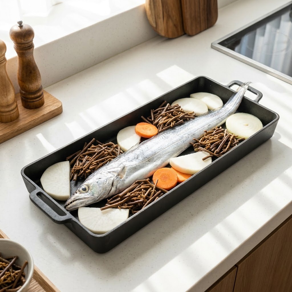 제주 통갈치조림 황금레시피 - 은갈치, 고사리, 무 등 재료 손질 및 조림 팬 세팅 과정
