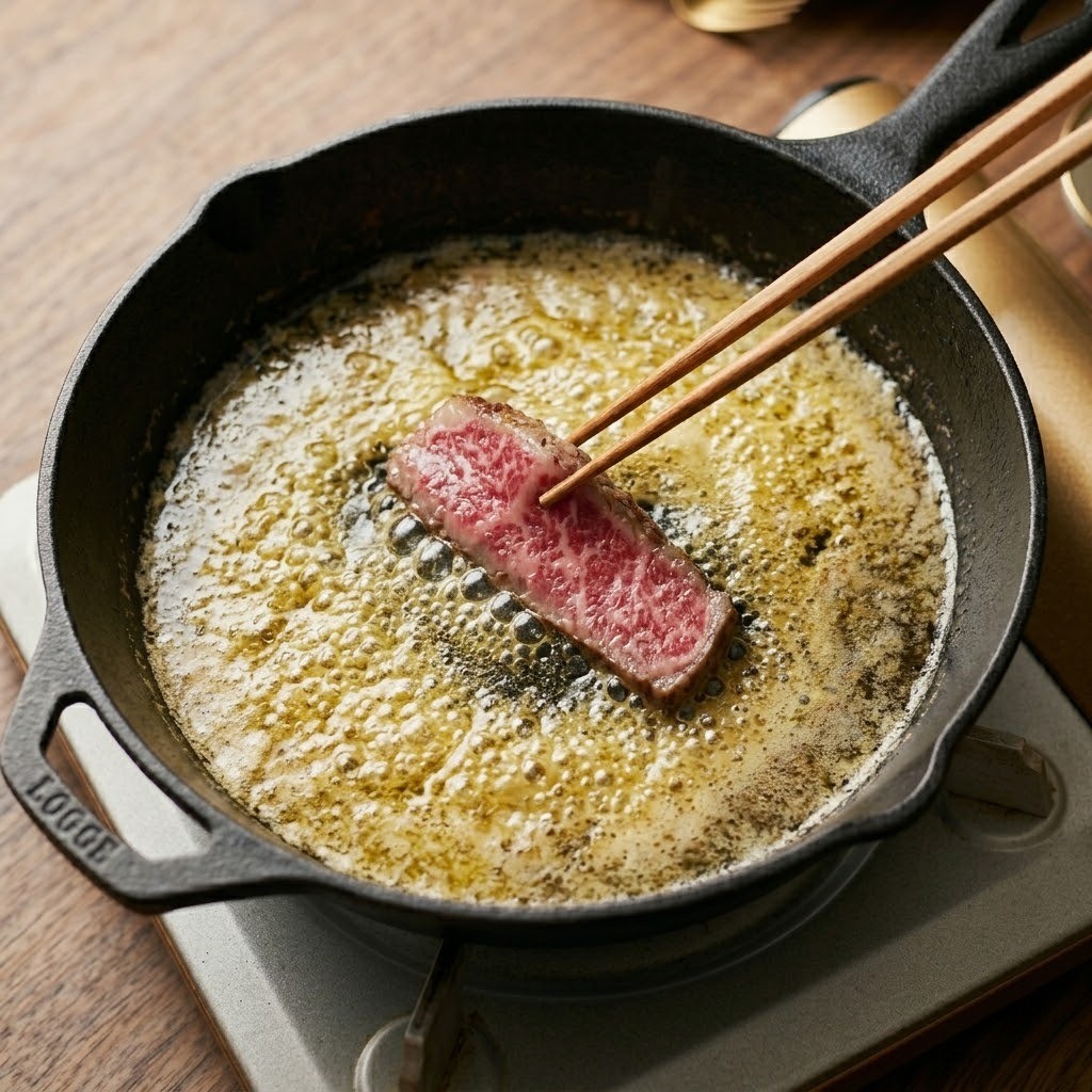 버터 샤부샤부 조리: 끓는 버터에 얇게 썬 소고기를 데쳐 먹는 모습