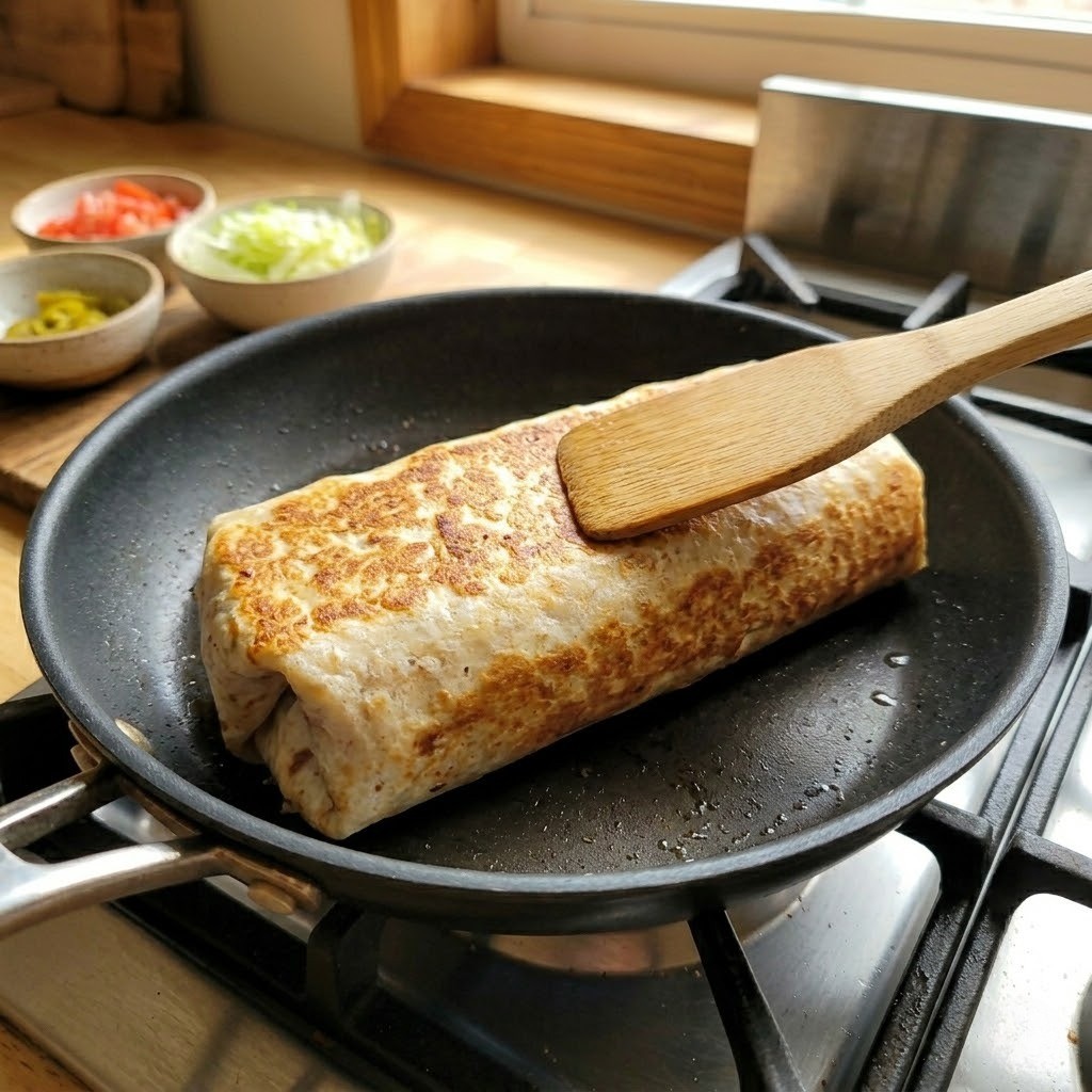 떡갈비 규리또 프라이팬 굽기: 겉을 노릇하고 바삭하게 구워 완성하는 과정