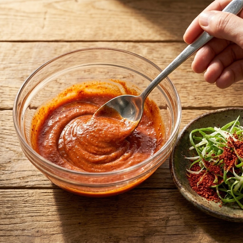 매콤달콤한 비빔밥용 특제 고추마요소스와 감칠맛을 더하는 파절임 완성 모습