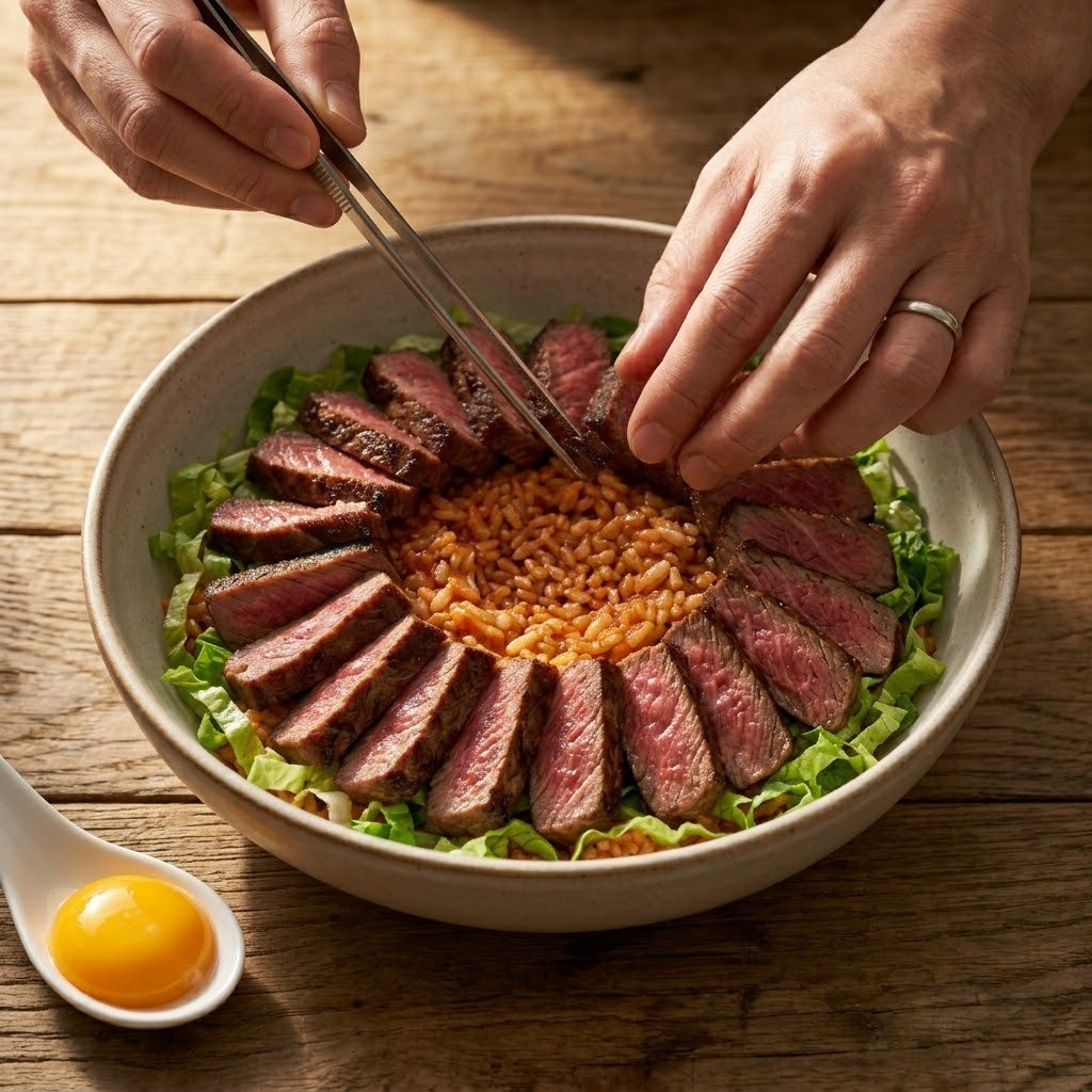양념 밥 위에 구운 스테이크, 양파절임, 달걀 노른자를 예쁘게 올린 스테이크 비빔밥 플레이팅