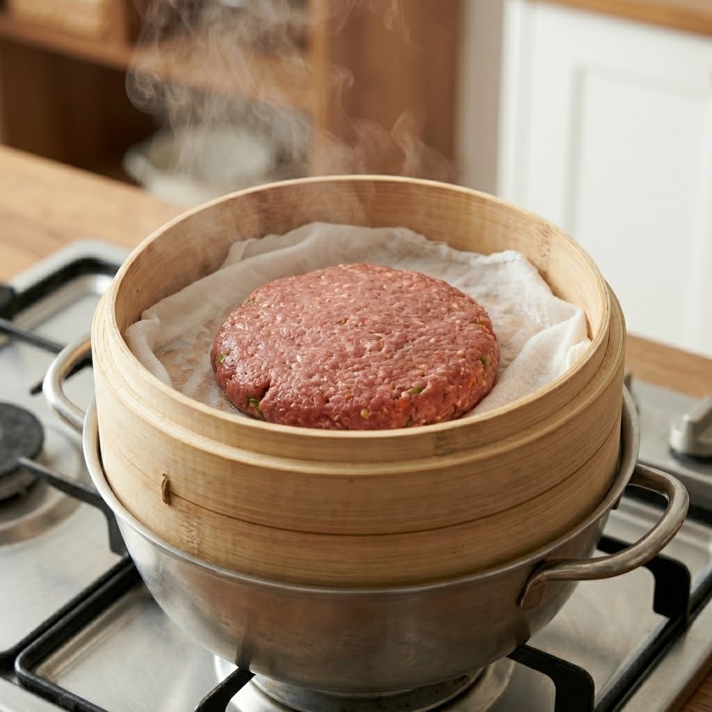 동글납작하게 빚은 고기 장떡 반죽을 젖은 면보를 깐 찜기에 넣고 찌는 모습