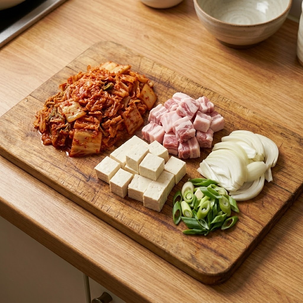 돼지비계 김치찌개 요리 과정 1단계 - 배추김치, 양파, 두부 등 재료 손질 및 썰기