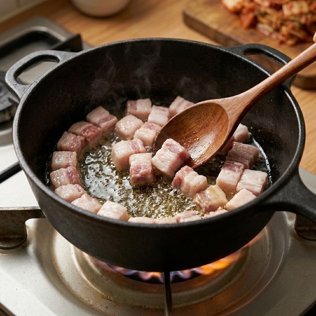 돼지비계 김치찌개 요리 과정 2단계 - 냄비에 돼지비계를 노릇하게 볶아 고소한 기름 내기
