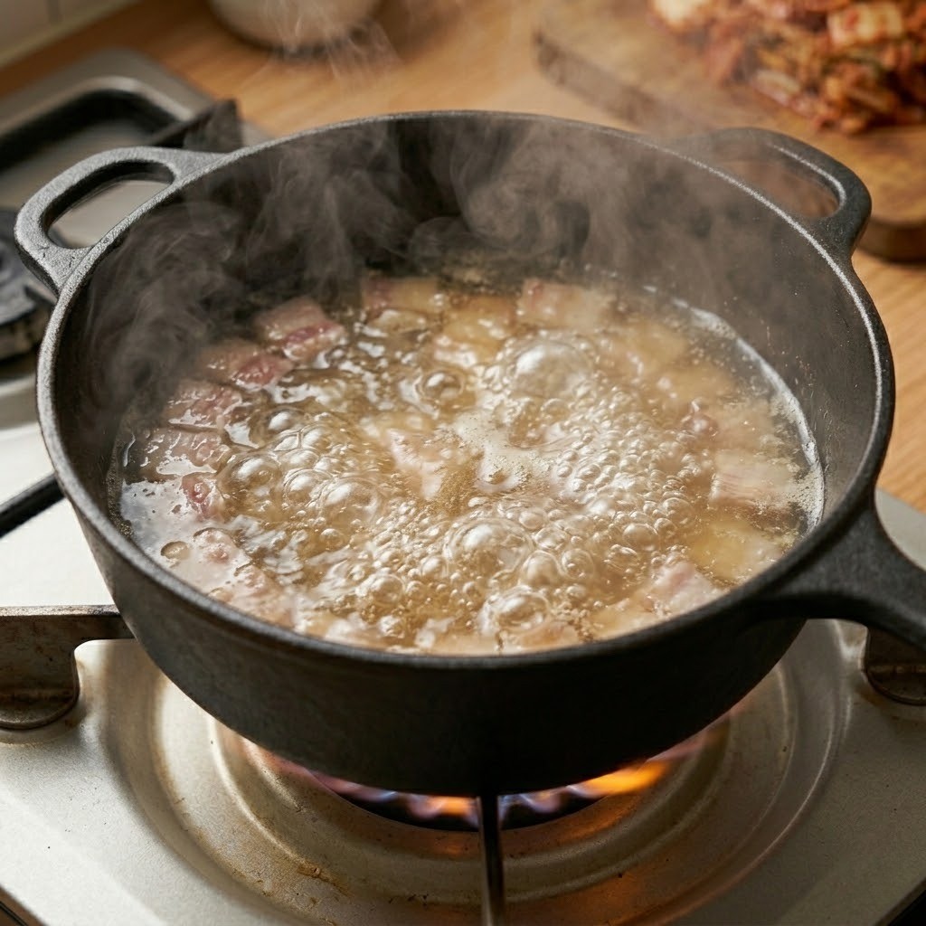 돼지비계 김치찌개 요리 과정 3단계 - 볶은 비계에 정수물을 붓고 끓여 뽀얀 돼지고기 육수 만들기