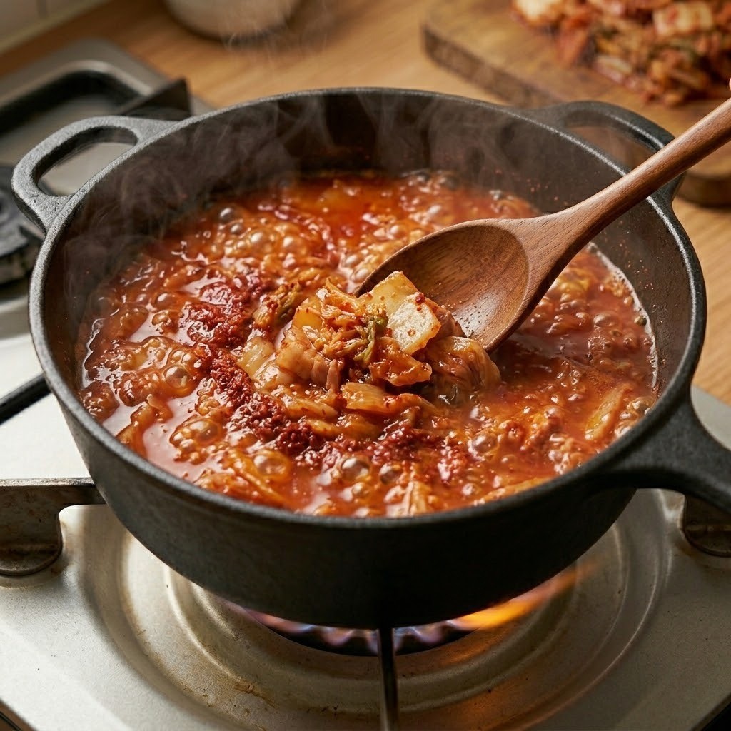 돼지비계 김치찌개 요리 과정 4단계 - 우러난 육수에 신김치, 간마늘, 고춧가루, 액젓 양념 넣고 끓이기