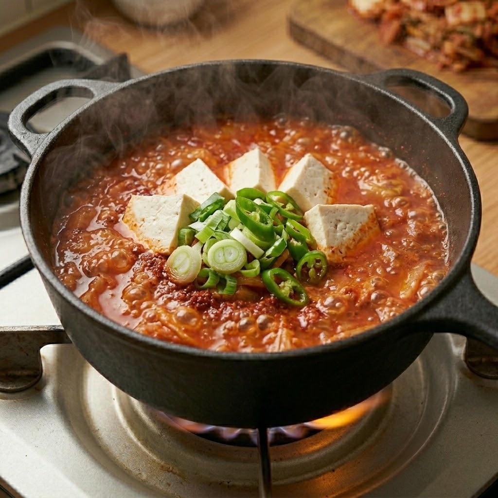 돼지비계 김치찌개 요리 과정 5단계 - 두부, 대파, 청양고추 부재료를 넣고 끓여 완성된 김치찌개