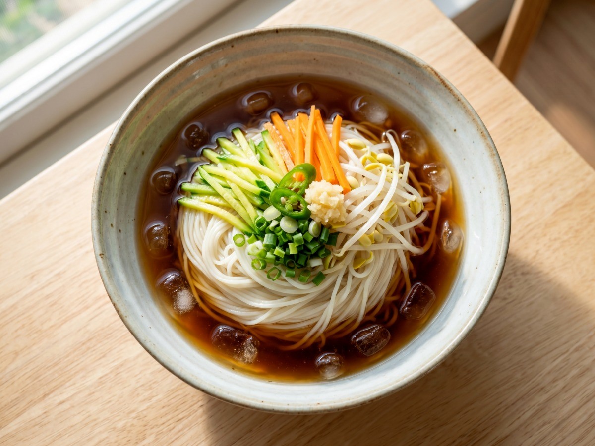 백종원 야채 냉국수 완성 모습 - 살얼음 간장 육수와 아삭한 채소 고명이 올라간 시원한 소면 요리