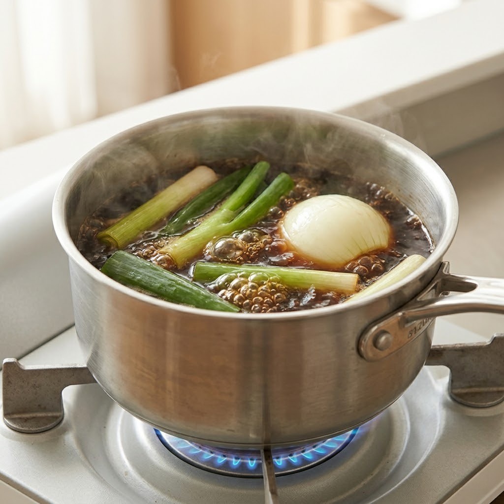 야채 냉국수 만능 간장 육수 끓이기 - 간장, 양파, 대파를 넣은 냄비
