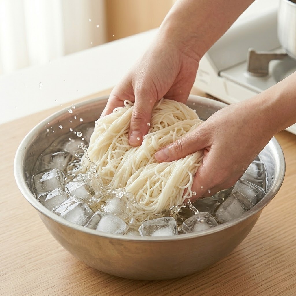 야채 냉국수용 소면 쫄깃하게 삶아 얼음물에 헹구기