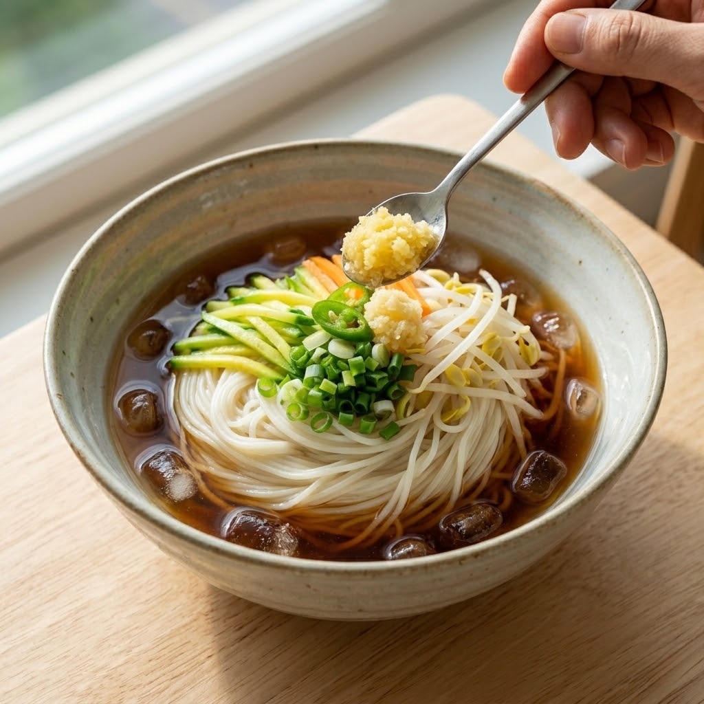 완성된 백종원 야채 냉국수 플레이팅 - 소면 위에 데친 채소와 얼음 올리기