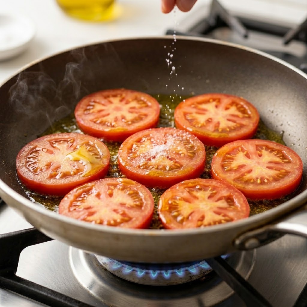올리브유를 두른 프라이팬에 도톰하게 썬 토마토를 굽고 소금으로 밑간하는 모습