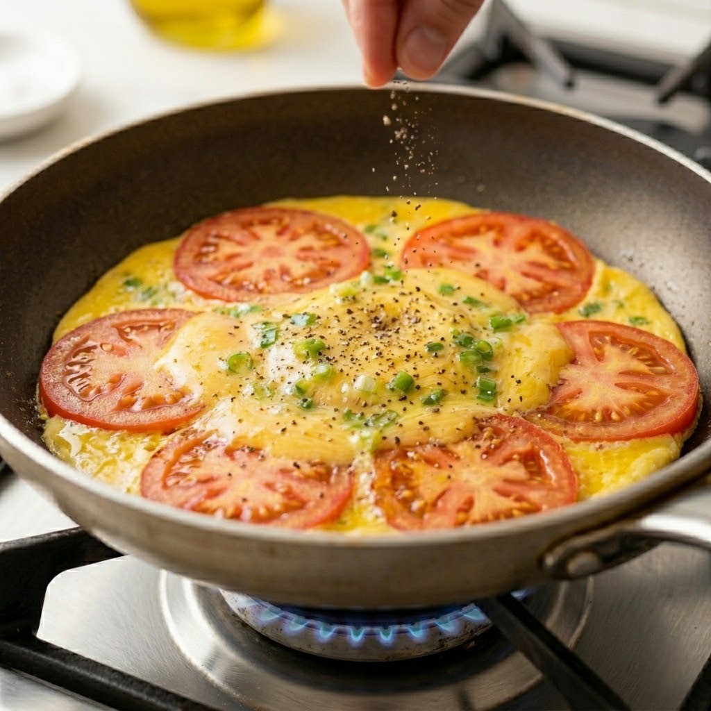 부드럽게 익은 토마토 계란전에 후추를 뿌려 완성한 모습