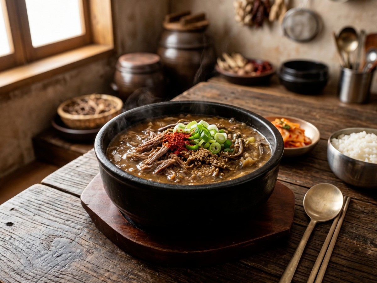 편스토랑 한지혜 제주 고사리 육개장 레시피 완성 사진, 진하고 걸쭉한 국물이 특징인 보양식