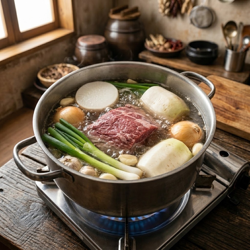 양지고기, 무, 대파, 양파 등을 넣고 진한 고기 육수를 끓이는 과정
