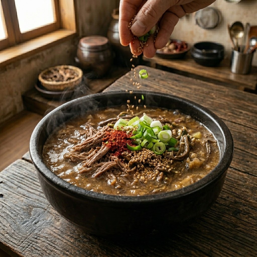 완성된 제주 고사리 육개장 뚝배기에 쪽파와 깨 고명을 올려 마무리한 먹음직스러운 모습