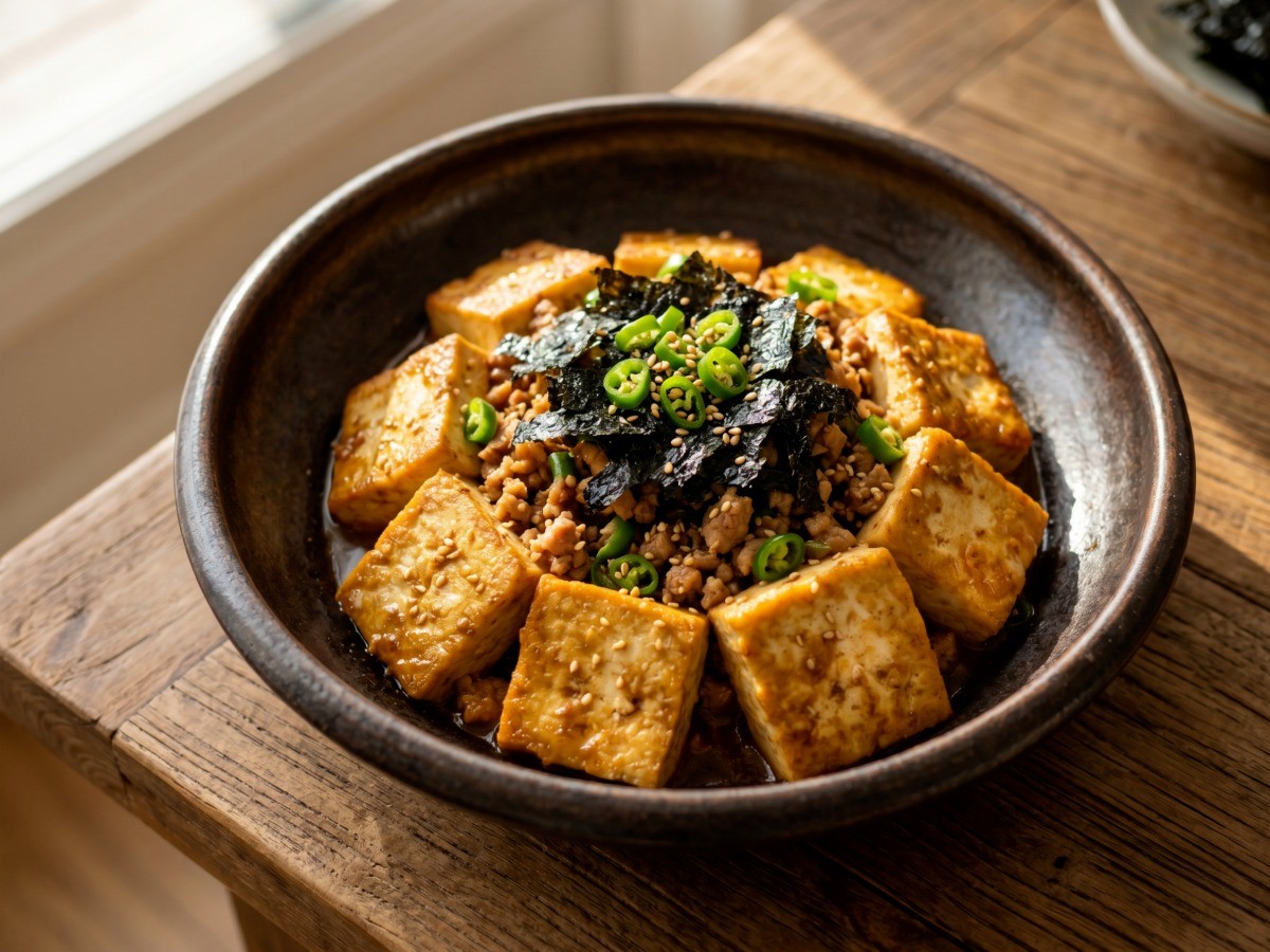편스토랑 오윤아 곱창김두부조림 완성 비주얼 - 다짐육과 김이 어우러진 밥도둑 반찬