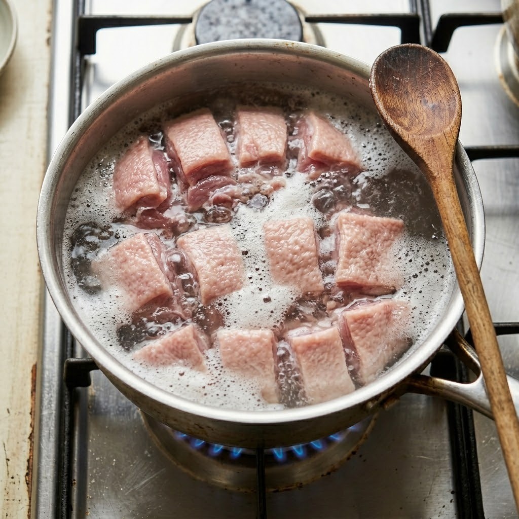 끓는 물에 손질한 오리를 초벌 삶아 핏물과 불순물을 제거하는 과정