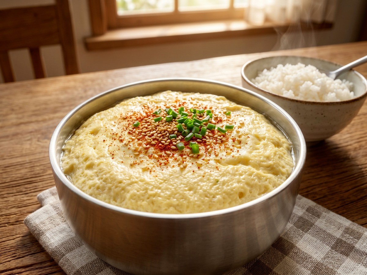 따뜻한 밥 위에 올려진 편스토랑 한지혜 밥솥 달걀찜 완성 사진