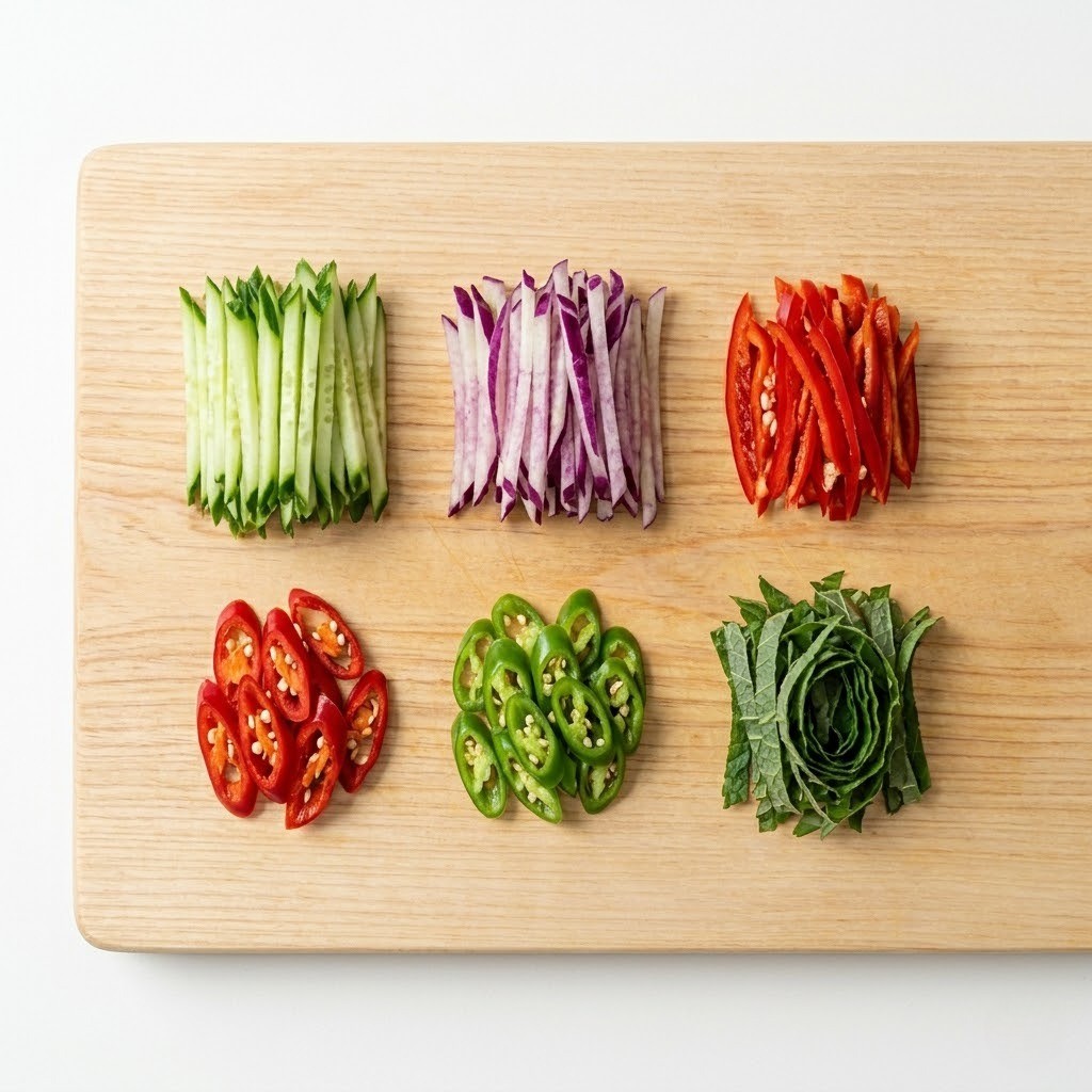 한치 물회 재료인 콜라비, 오이, 고추, 깻잎 얇게 채썰기