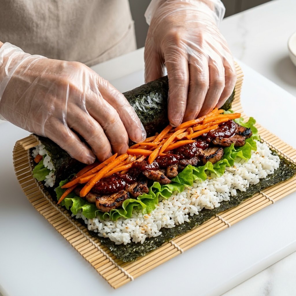 김밥용 김 위에 밥과 상추 깻잎 흑돼지 멜젓소스 당근 올려 단단하게 김밥 말기