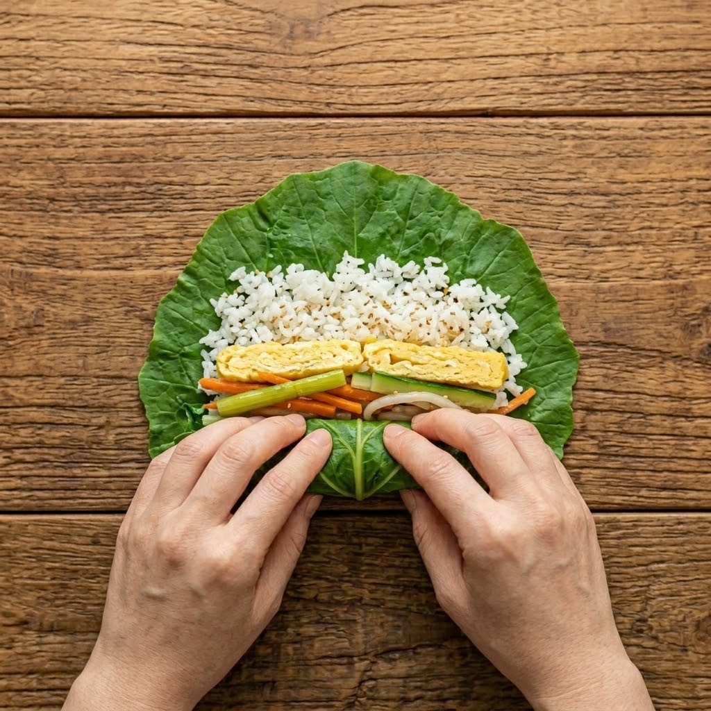 머윗잎 위에 밥과 속재료를 올리고 김밥 돌돌 말아 썰기 - 편스토랑 한다감 머위김밥 완성 단계
