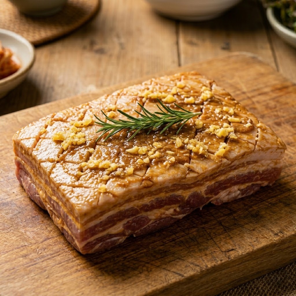 칼집 낸 오겹살에 다진 마늘을 채워 넣고 로즈메리를 얹어 풍미를 더하는 모습