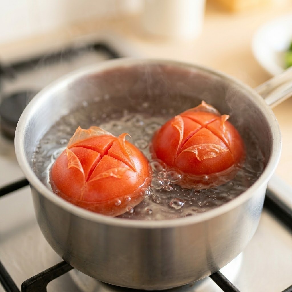토마토 빙수 만들기 1단계: 토마토에 십자 칼집을 내고 끓는 물에 데쳐 껍질 벗기기