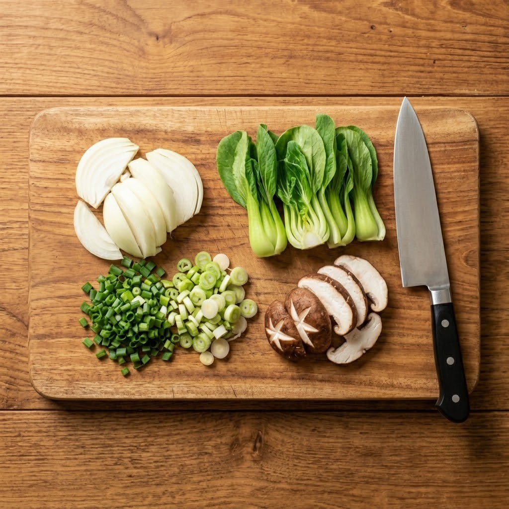 양파, 청경채, 표고버섯 등 우삼겹 대나무 찜과 된장찌개용 채소 손질 과정