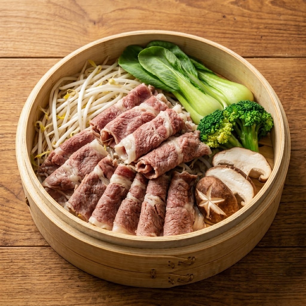대나무 찜기에 숙주, 우삼겹, 각종 채소를 층층이 올린 조리 과정