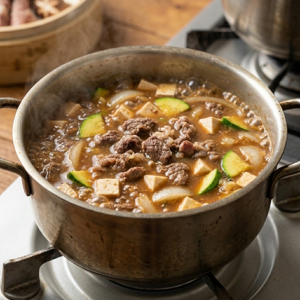 우삼겹 찜 채수 육수에 소고기, 두부, 애호박을 넣어 끓이는 된장찌개 조리 과정