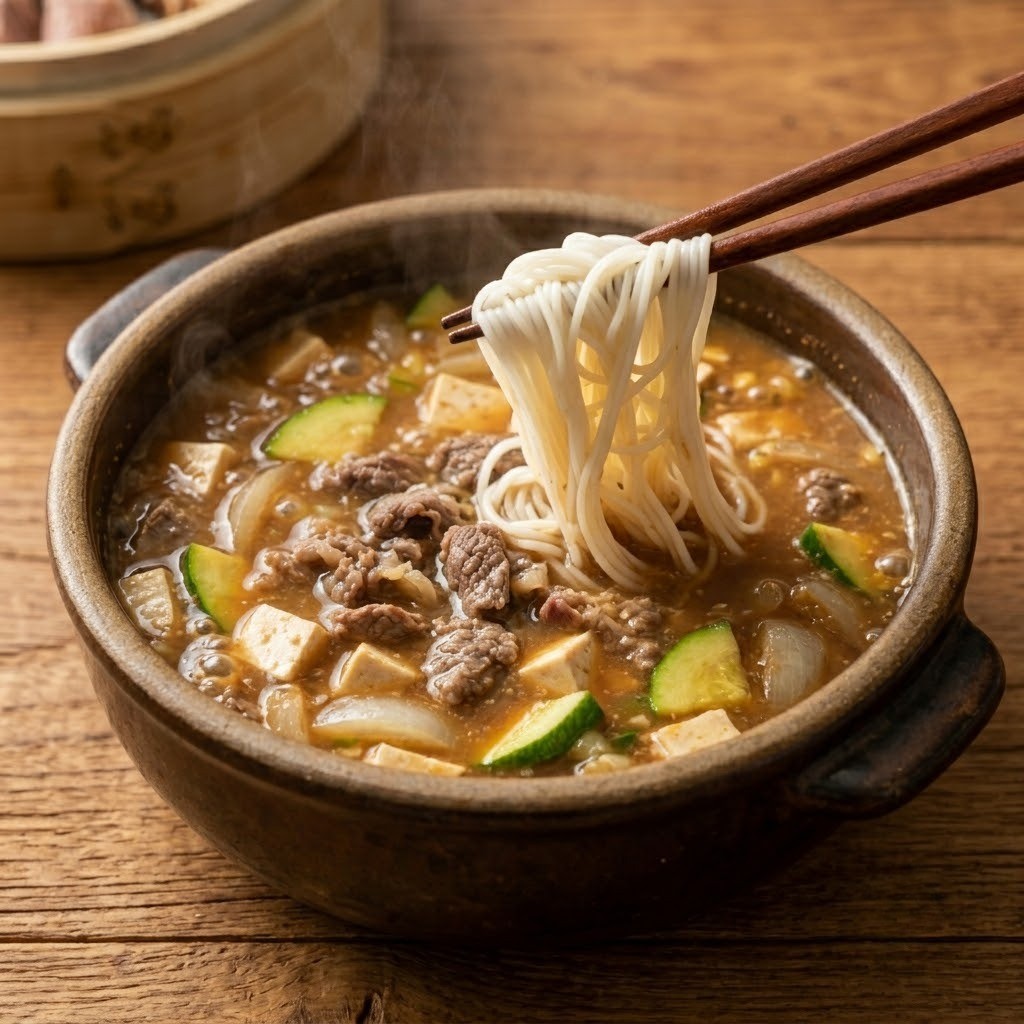 완성된 소고기 된장찌개에 쫄깃하게 삶은 소면을 곁들인 모습