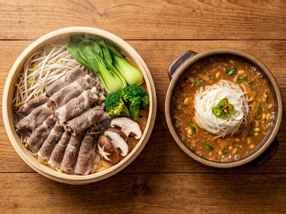 편스토랑 한지혜 우삼겹 대나무 찜과 소고기 된장찌개 소면 완성 플레이팅