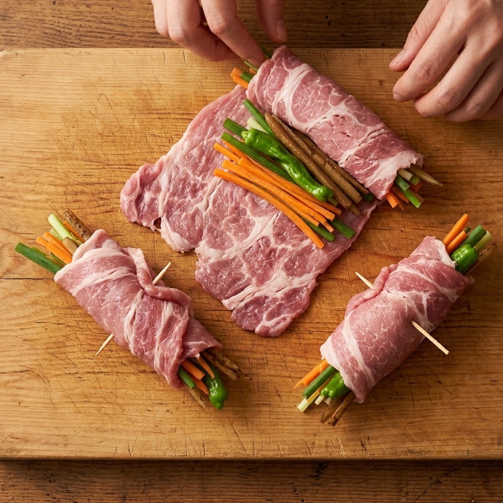 돼지고기 목살에 얇게 채 썬 당근, 대파, 꽈리고추, 우엉조림을 얹고 김밥처럼 돌돌 말아 나무 꼬치로 단단하게 고정한 모습