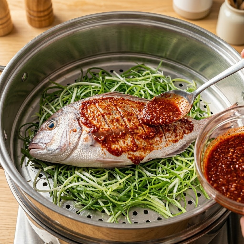 찜기 바닥에 향긋한 파채를 깔고 양념을 바른 도미를 푹 쪄내는 모습