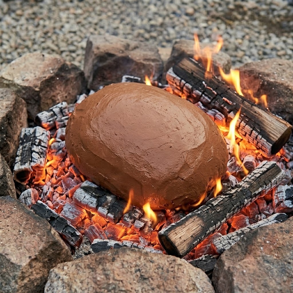 야외 숯불과 장작더미 속에서 3시간 동안 은은하고 깊게 구워지고 있는 황토 오리구이
