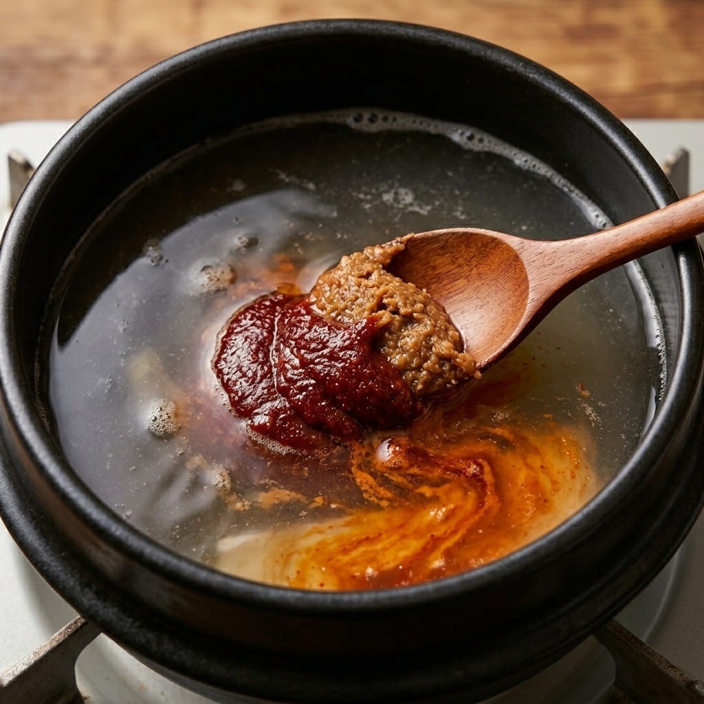 편스토랑 한다감 갑오징어감자찌개 1단계: 진한 해물 육수에 고추장과 된장 양념 풀기