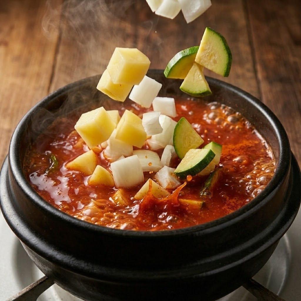편스토랑 한다감 갑오징어감자찌개 2단계: 끓는 육수에 감자, 양파, 애호박 넣고 끓이기