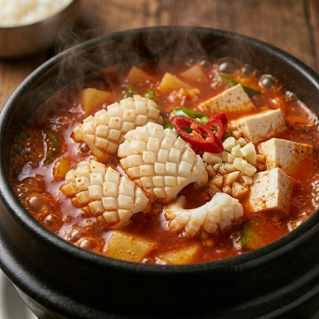 편스토랑 한다감 갑오징어감자찌개 3단계: 갑오징어, 두부, 홍고추를 넣고 끓여 찌개 완성하기