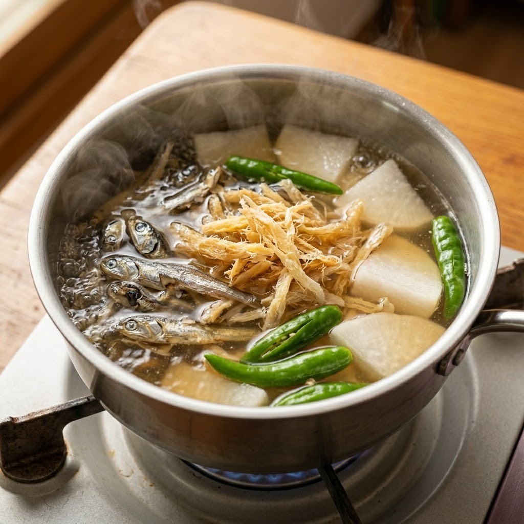 냄비에 멸치, 황태포, 무, 청양고추를 넣어 끓이는 콩나물국밥 시원한 비법 육수