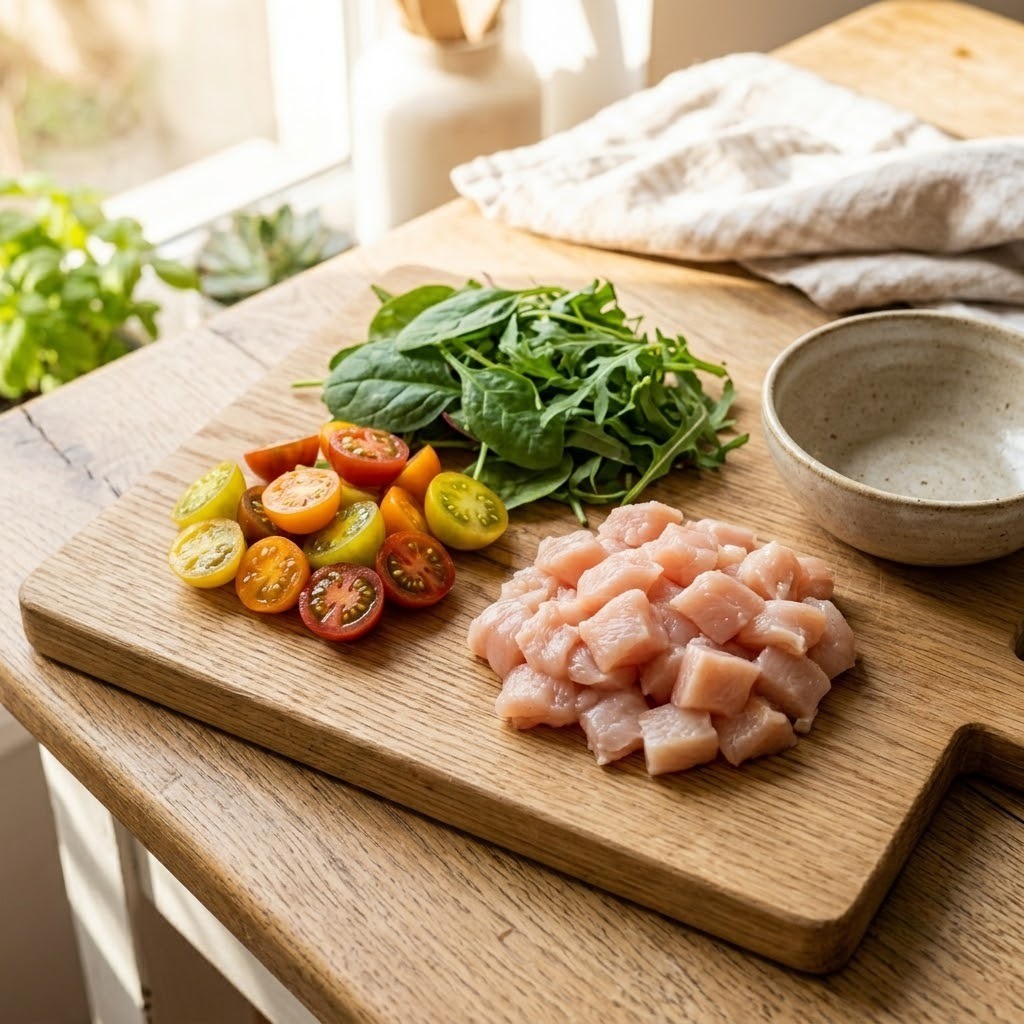 방울토마토 자르기, 어린잎 채소 씻기, 다이어트 닭가슴살 깍둑썰기 등 샐러드 재료 손질 과정
