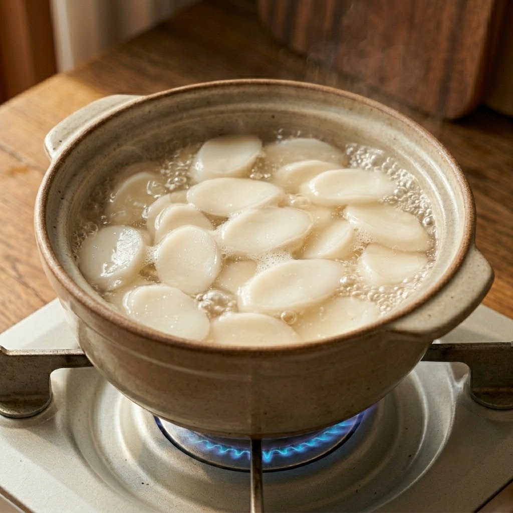 부드럽게 익은 떡국 떡 위에 감칠맛 나는 두부 꾸미와 송송 썬 대파를 고명으로 올린 완성된 떡국 모습
