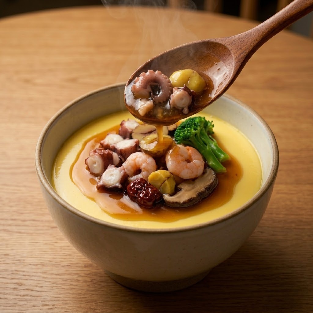 다 익은 푸딩 달걀찜 위에 걸쭉하고 맛있는 해물 특제 소스를 듬뿍 얹는 완성 단계