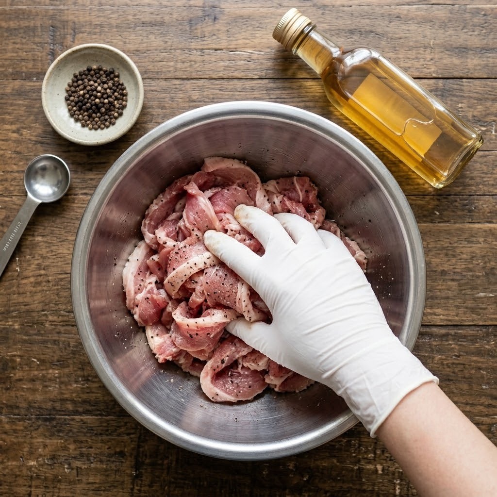 돼지고기 앞다리살 밑간 - 맛술과 후추를 넣어 잡내를 제거하고 부드럽게 재우는 과정