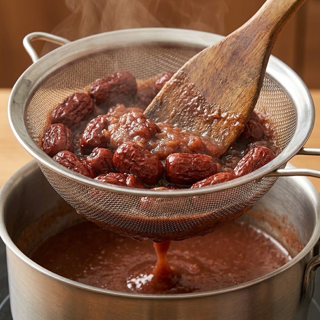 손질한 대추를 푹 끓인 후 촘촘한 체에 밭쳐 고운 대추 살만 걸러내는 조리 과정