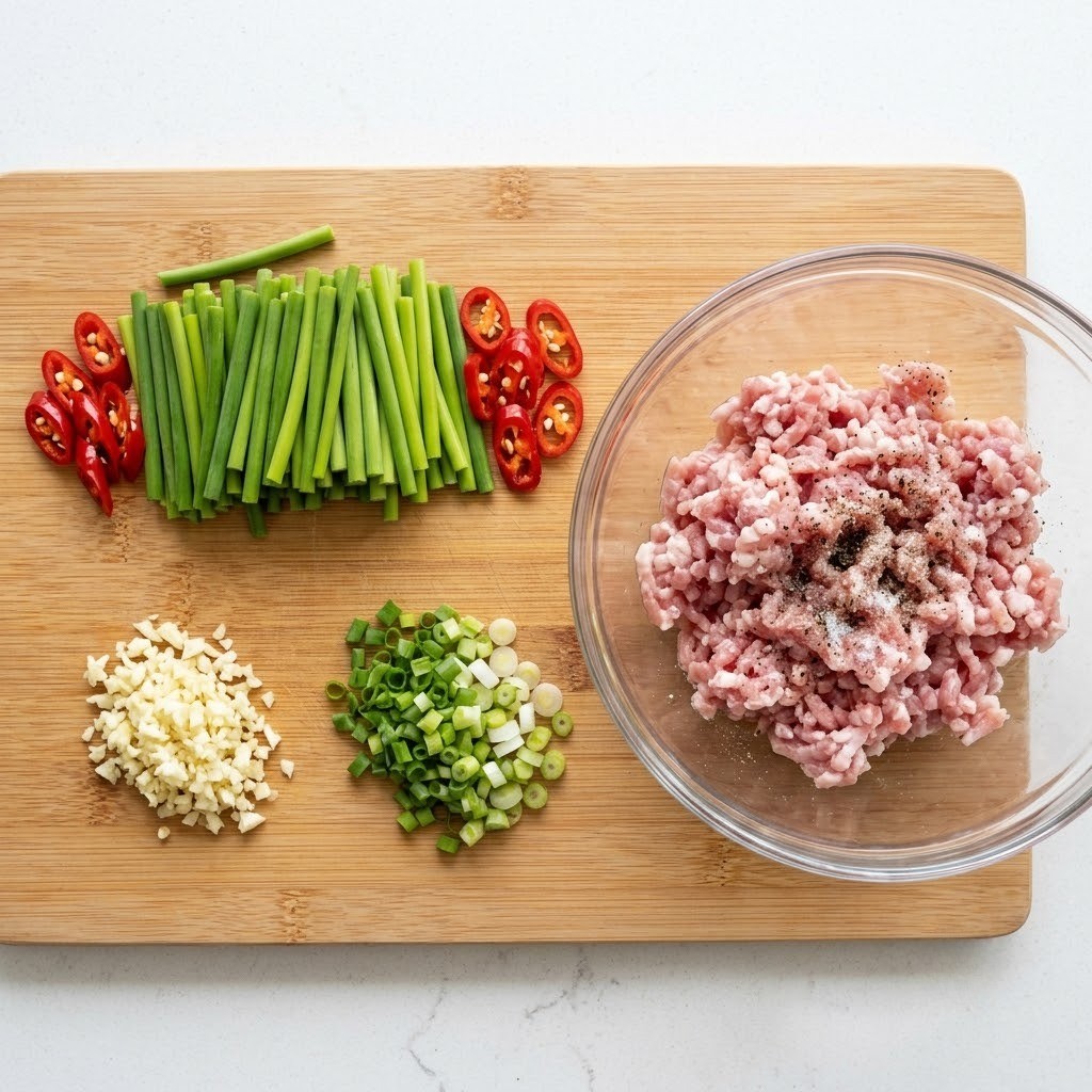 돼지고기 밑간 및 마늘쫑, 대파, 마늘 등 마늘쫑볶음면 재료를 손질하는 과정